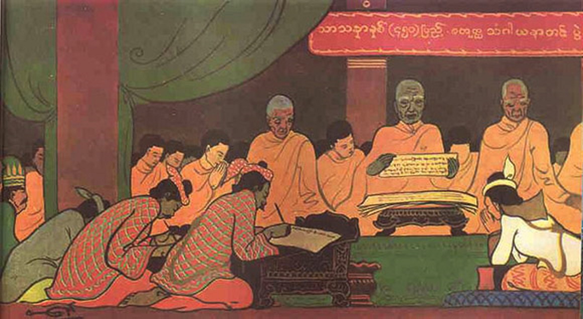 Kinh dien duoc viet tren la co duoi trieu vua Vattagamani Abhaya (tranh minh hoa cua Phat giao Srilanka).jpg